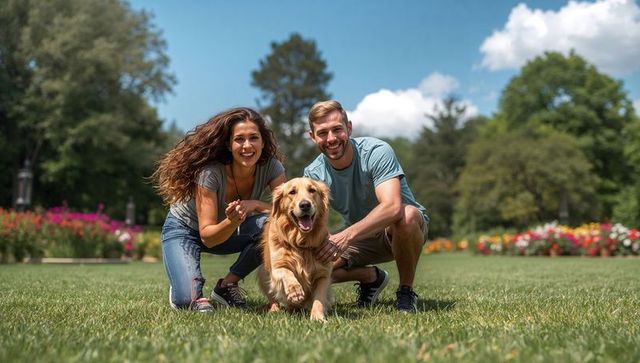 Smiling couple playing with golden retriever on sunlit park lawn with vibrant flowers