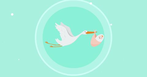 Whimsical Stork Carrying Newborn on Soft Green Background