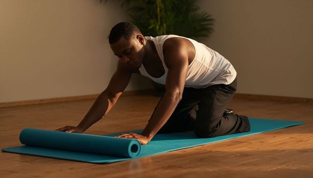 Man rolling blue yoga mat while stretching on hardwood floor for home fitness routine