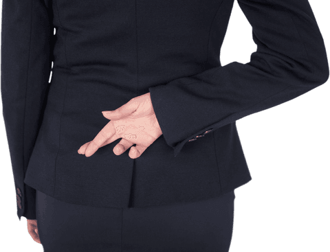 Businesswoman with fingers crossed behind transparent suit jacket