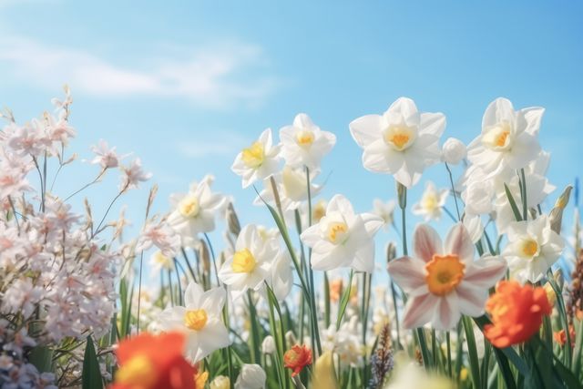 Vibrant display of various spring flowers including daffodils and tulips on a sunny day under a clear blue sky. Ideal for use in gardening magazines, spring-themed promotions, nature blogs, or seasonal greeting cards.