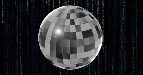 Floating mirrored disco sphere reflecting neon matrix lines and sparkling highlights
