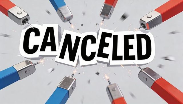 Paper-cutout canceled typography featuring sparking red and blue igniters