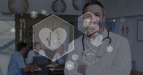 Confident Male Doctor with Digital Medical Icons in Modern Hospital Environment