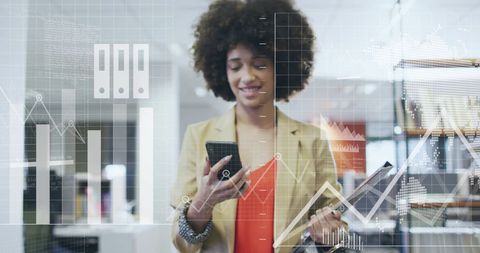 Smiling Businesswoman Engaging with Financial Dashboard Interface