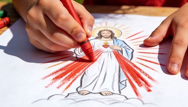 Closeup of child hands coloring sacred heart illustration with red crayon in sunday school