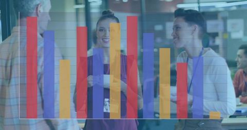 Office colleagues sharing coffee and chatting in lounge with colorful bar chart overlay