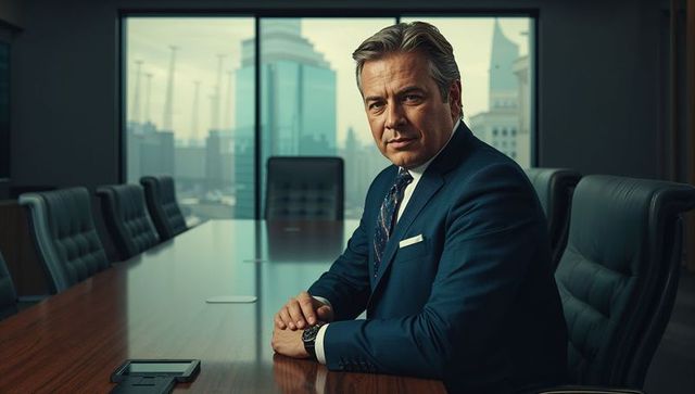 Confident executive in modern boardroom with urban skyline