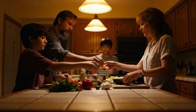 Family cooking at tiled kitchen island under pendant lights, parents and sons preparing meal