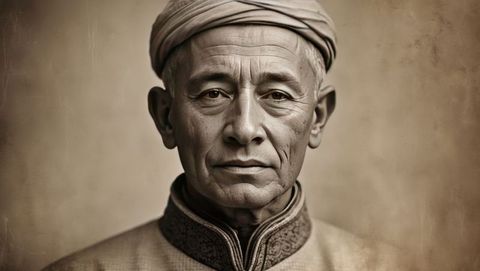 Senior asian man with embroidered collar and wrapped head covering