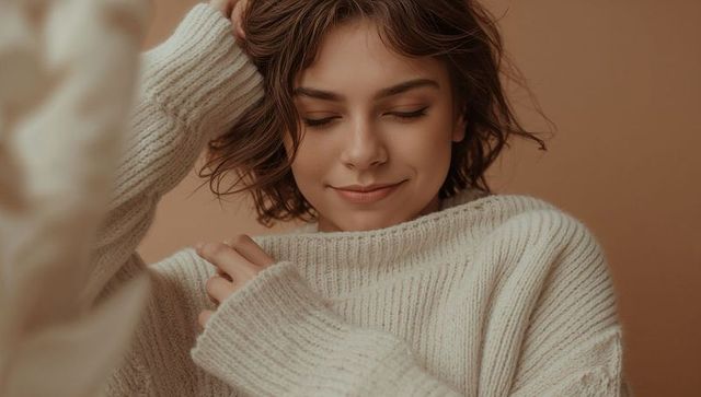 Pulling collar up, woman in cream ribbed sweater embracing cozy neutral knit mood