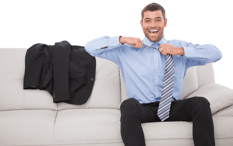 Transparent Cheerful Businessman Loosening Tie Relaxing on Sofa
