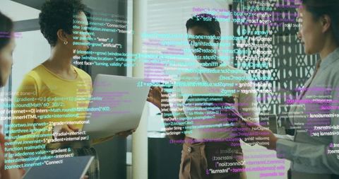 Diverse team of women in technology discussing code