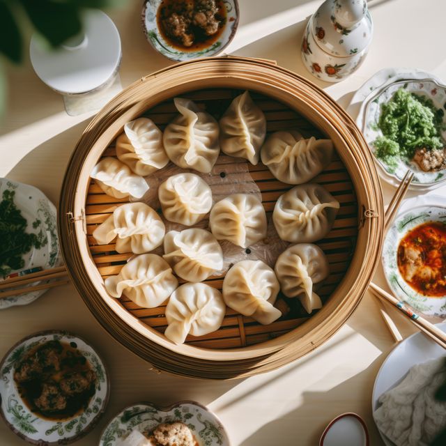 Close up of asian dumplings in bamboo steamer and sauces, created using generative ai technology. Fresh asian food concept digitally generated image.