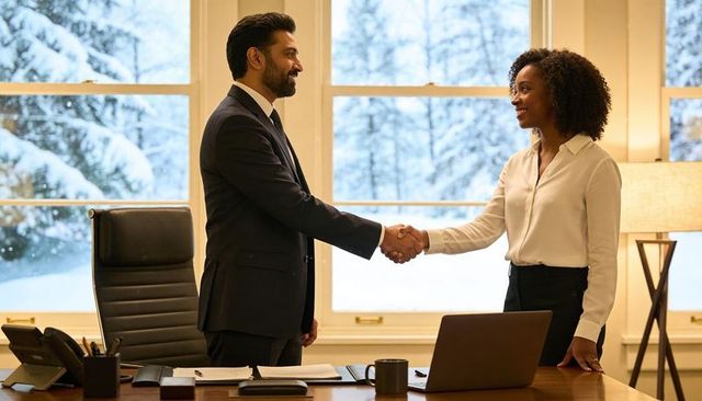 Business professionals shaking hands across desk in snowy office closing partnership