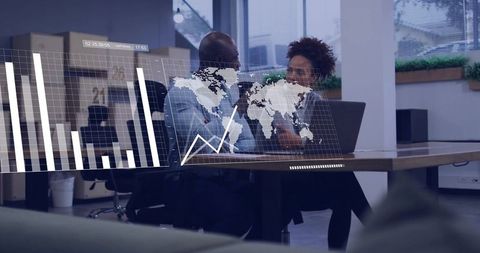 Discussing global data with digital overlay in modern open-plan office collaboration