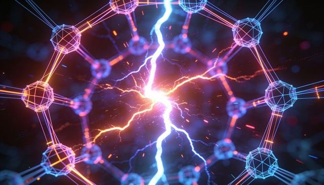 Pulsing neon wireframe lattice emitting lightning through plasma core with glowing mesh sparks