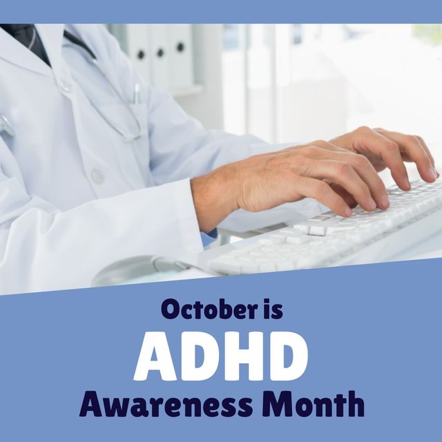 Composition of adhd awareness month text over caucasian male doctor using computer. Global medicine and adhd awareness month concept digitally generated image.