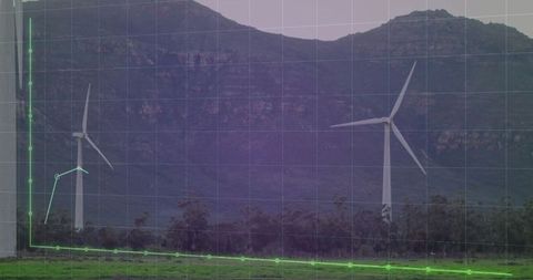 Wind Turbines in Mountain Setting with Graph Overlay Showing Energy Data