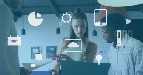 Innovative Tech Collaboration with Digital Icons in Office