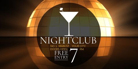 Exclusive nightclub invitation with martini glass and golden globe