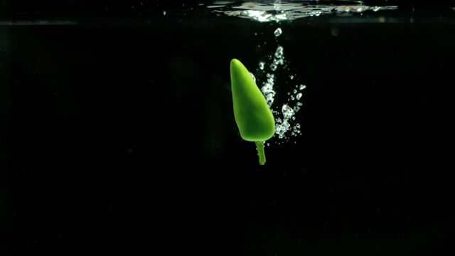 A green chili is seen falling into water against a dark background, creating a dramatic splash with rising bubbles. This captures the fresh and vibrant essence of the chili in a dynamic and compelling composition. It is ideal for illustrating concepts of freshness, culinary arts, or food promotion in advertisements. The contrast with the dark background enhances the emphasis on the chili, making it suitable for food blogs, chef showcases, or restaurant menus focusing on spicy ingredients.