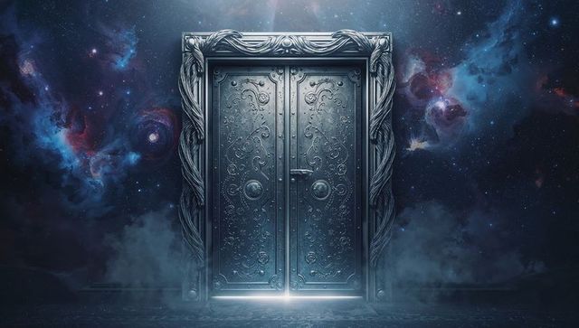 Fantasy nebula double door leading to mysterious cosmos