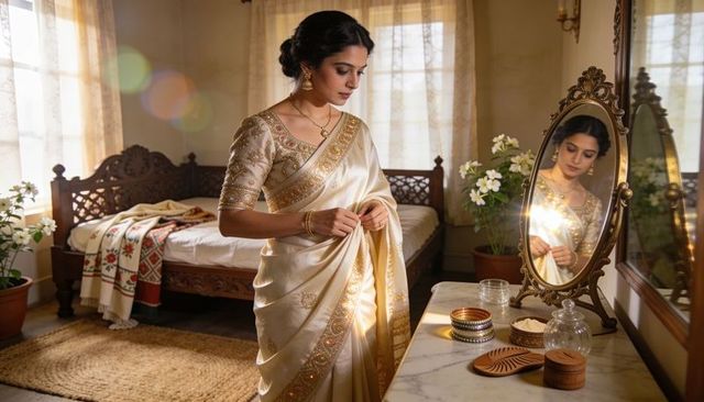 Indian woman adjusting saree pleats at sunlit vintage dressing table with ornate mirror