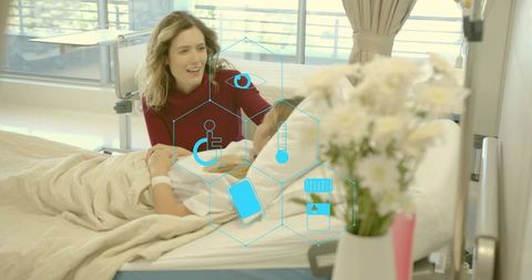 Mother Holding Child Hand at Hospital Bed Showing Compassionate Care and Recovery Icons