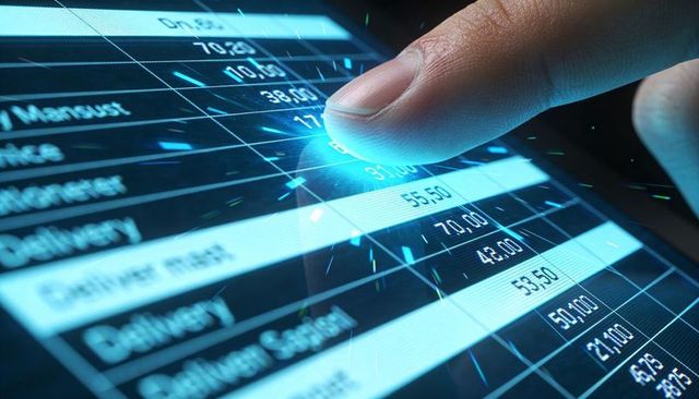 Finger Selecting Glowing Cell on Digital Spreadsheet Tablet Touchscreen for Data Analysis