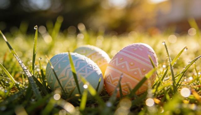 Resting pastel easter eggs in dew-covered grass at dawn with golden bokeh