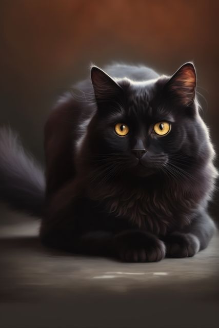 Black cat with piercing golden eyes resting indoors captures feline elegance and tranquility. Great for use in pet care articles, animal behavior studies, and promoting pet adoption campaigns.