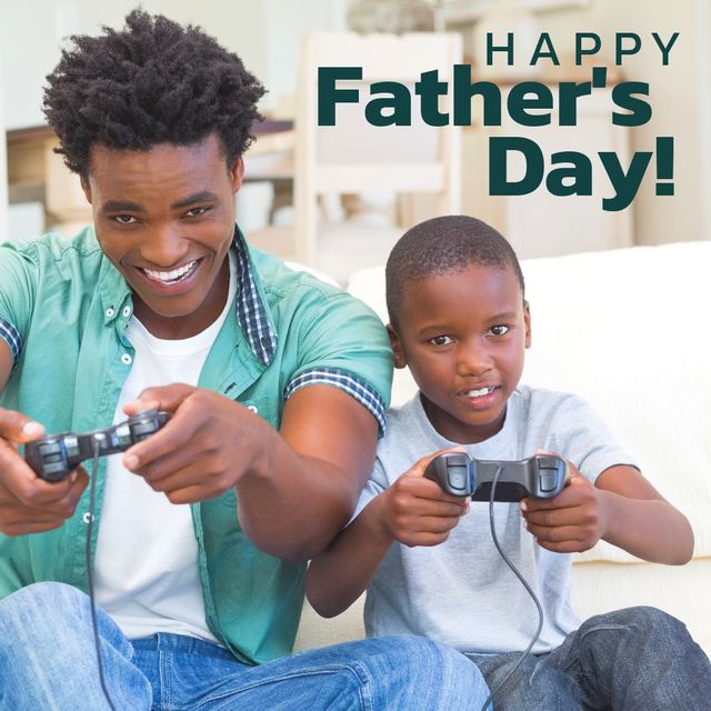Digital composite of happy father's day text by african american father and son playing video game. technology, family, togetherness, lifestyle and celebration concept.