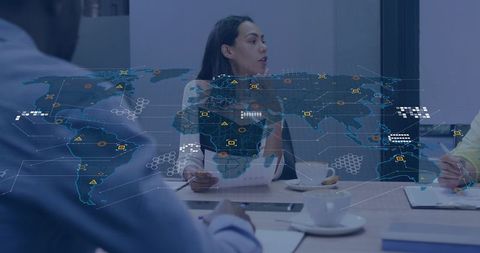 Global Strategy Meeting with Holographic World Map Overlay and Team Collaboration