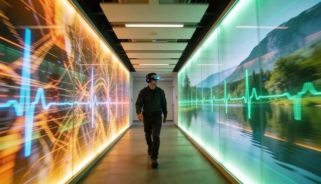 Man Walking Tech Corridor Wearing VR Headset and Headphones with Immersive ECG Wall Displays
