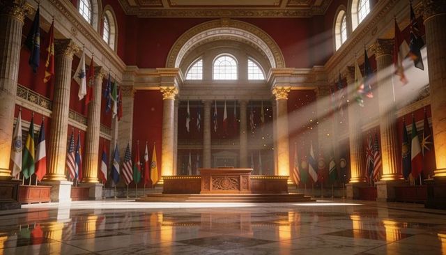 Neoclassical ceremonial hall featuring ornate wooden dais, sunbeams and flags