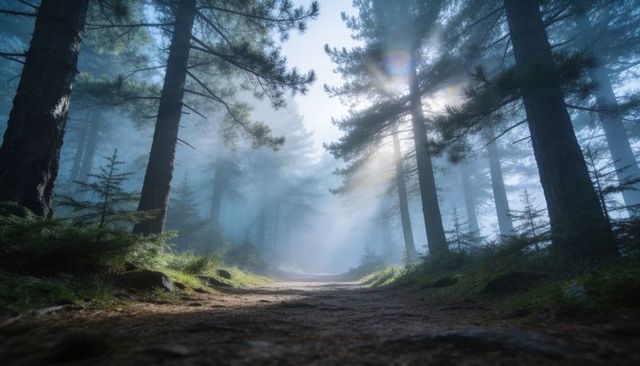 Misty sunrise trail winding through conifer forest revealing sunbeams and mossy floor