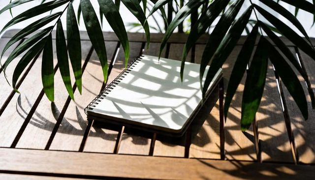 Palm frond shadows casting over spiral notebook on patio table