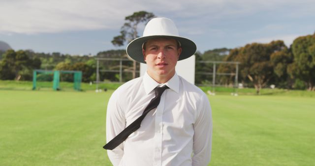 Portrait of caucasian male cricket umpire wearing hat on field. Cricket, sports, match and active lifestyle, unaltered.