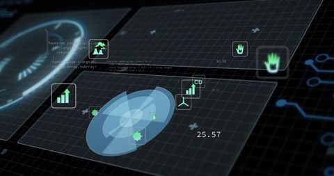 Futuristic holographic data hud with radar analytics, code snippet and cybersecurity icons