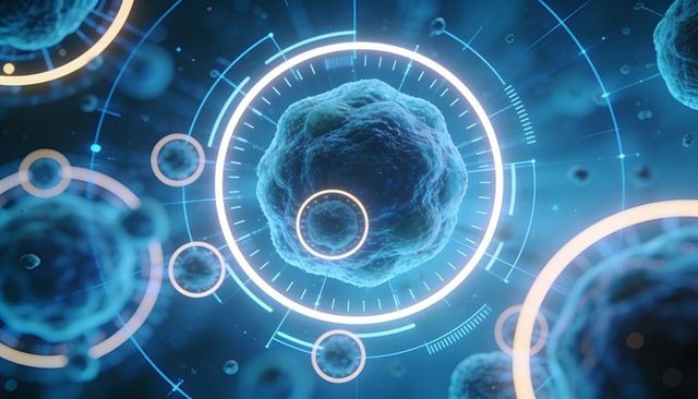 Floating microscopic cell receiving holographic hud overlays for biomedical visualization