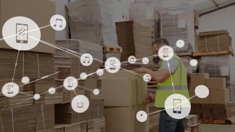 Warehouse Worker Managing BOX Monitoring Interconnected Shipping Networks