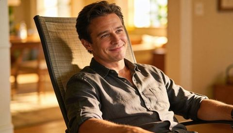 Relaxing man reclining in sunlit living room wearing dark gray shirt and wristwatch