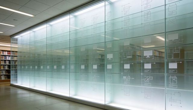 Backlit frosted glass wall with etched schematics revealing wooden library shelves