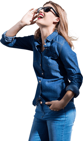 cheerful woman in blue denim with red lipstick and sunglasses on transparent background - Download Free Stock Videos Pikwizard.com