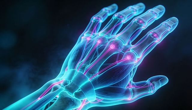 Translucent neon hand anatomy 3d rendering showing bones, tendons, joints, ligaments