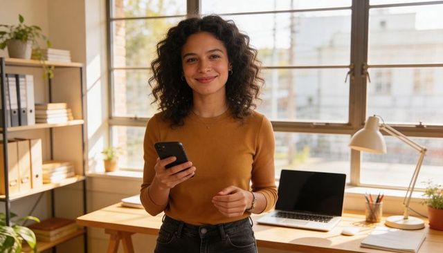 Smiling woman standing in cozy sunlit home workspace holding smartphone and laptop