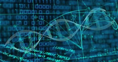 Futuristic Digital DNA Strand Over Binary Code Background