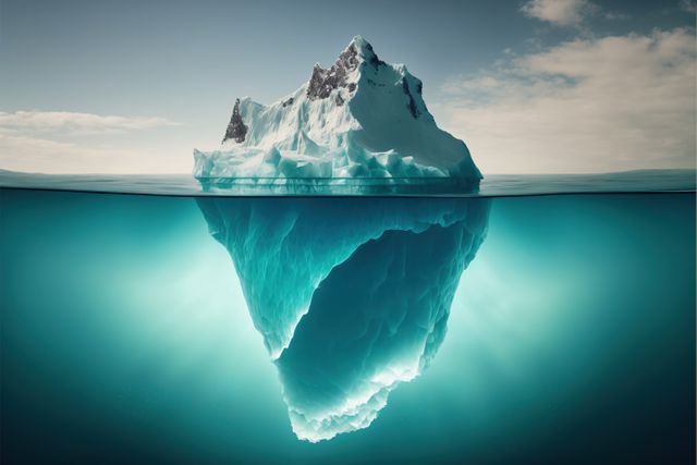 A breathtaking view of a colossal iceberg floating in the serene Arctic Ocean, showcasing the massive formation above and below the water surface. Ideal for climate change campaigns, environmental awareness projects, and nature-themed presentations. Perfect for use in educational materials, documentaries, and travel brochures focusing on polar regions.