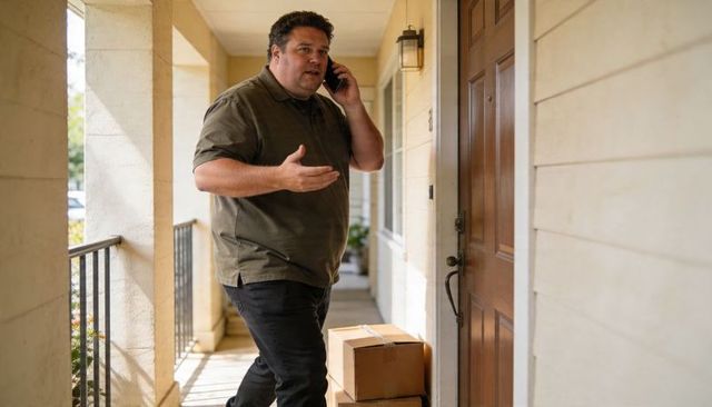 Man Talking on Phone at Doorstep with Delivered Packages on Sunlit Porch